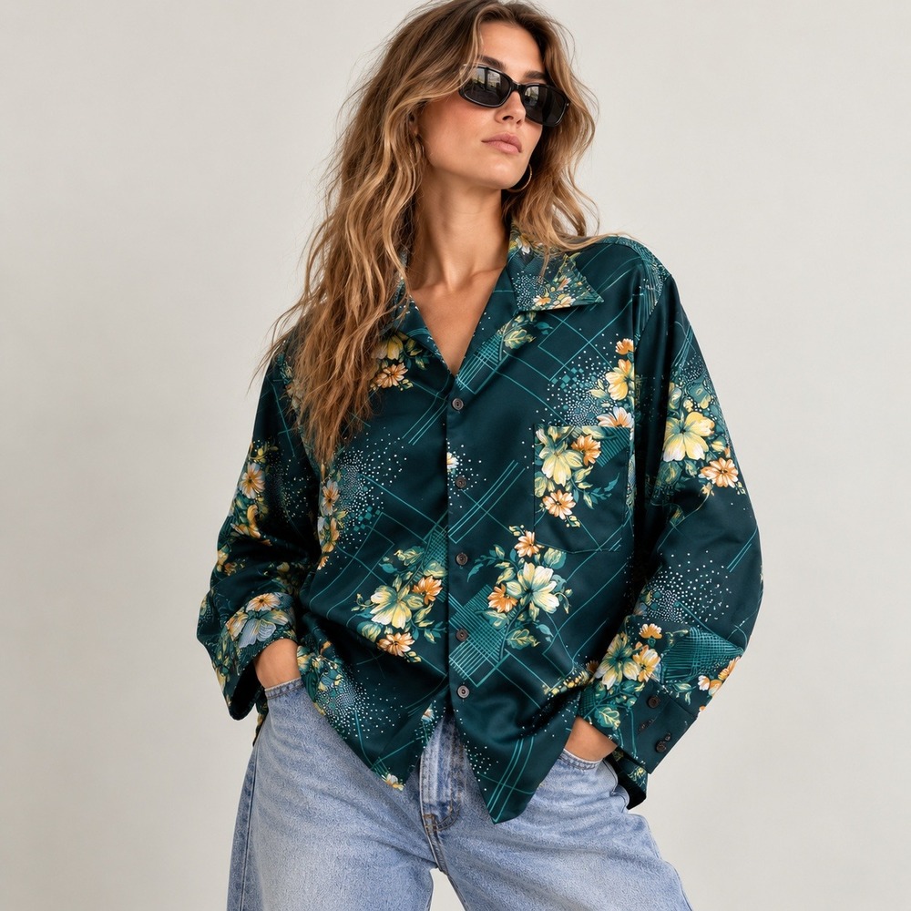 Vintage 70s Triumph California Disco Shirt Floral Geometric Dagger Collar L